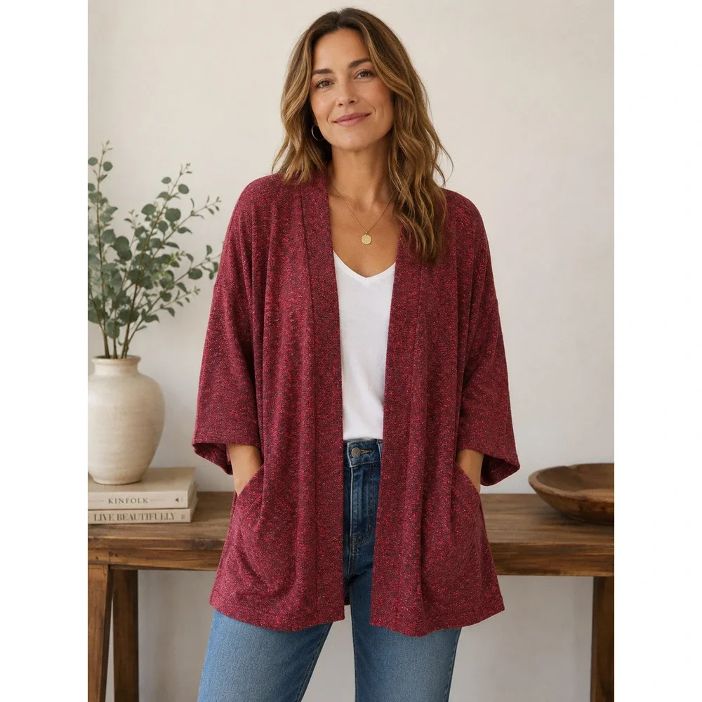 C.J. Banks Women's 1X Burgundy Marled Open Front Cardigan Sweater New